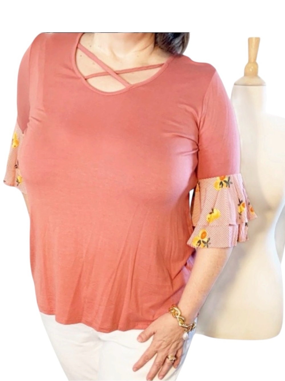 Plus Size Pink Scoop Neck Top with Patterned Tiered Angel Sleeves, 2X